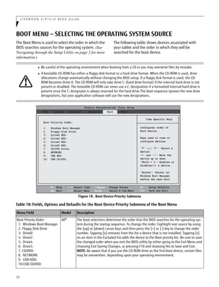 32
L I F E B O O K E / P / S / U B I O S G u i d e
BOOT MENU – SELECTING THE OPERATING SYSTEM SOURCE
The Boot Menu is used to select the order in which the
BIOS searches sources for the operating system. (See
Navigating through the Setup Utility on page 2 for more
information.)
The following table shows devices associated with
your tablet and the order in which they will be
searched for the boot device.
Figure 18. Boot Device Priority Submenu
 Be careful of the operating environment when booting from a CD or you may overwrite files by mistake.
 A bootable CD-ROM has either a floppy disk format or a hard drive format. When the CD-ROM is used, drive
allocations change automatically without changing the BIOS setup. If a floppy disk format is used, the CD-
ROM becomes Drive A. The CD-ROM will only take drive C: (hard drive format) if the internal hard drive is not
present or disabled. The bootable CD-ROM can never use a C: designation if a formatted internal hard drive is
present since the C: designator is always reserved for the hard drive.The boot sequence ignores the new drive
designations, but your application software will use the new designations.
Phoenix SecureCore(tm) Tiano Setup
Item Specific Help
Info System Advanced Security Boot Exit
Configures order of
Boot Device.
Keys used to view or
configure devices.
‘' and '': Select a
device:
’+’ and ‘-’: Move the
device up or down.
‘Shift + 1’: Enables or
disables(!) a device.
'Delete': Delete (x)
Windows Boot Manager
before the next boot
1: Windows Boot Manager
2. Floppy Disk Drive
3: Drive0 HDD:
4: Drive2 HDD:
5: Drive4 HDD:
6: Drive5 HDD:
7: CD/DVD Drive:
8. NETWORK:
9: USB HDD:
10: USB CD/DVD:
Boot Priority Order:
F1 Help
ESC Exit
Select Item
Select Menu
-/Space Change Values
Enter Select ► Sub-Menu
F9 Setup Defaults
F10 Save and Exit/
/
Table 18: Fields, Options and Defaults for the Boot Device Priority Submenu of the Boot Menu
Menu Field Model Description
Boot Priority Order:
1: Windows Boot Manager
2. Floppy Disk Drive
3: Drive0:
4: Drive2:
5: Drive4:
6: Drive5:
7. CD/DVD:
8. NETWORK
9. USB HDD:
10:USB CD/DVD:
All* The boot selections determine the order that the BIOS searches for the operating sys-
tem during the startup sequence. To change the order, highlight one source by using
the [up] or [down] cursor keys and then press the [+] or [-] key to change the order
number. Tapping [x] removes from the list a device that is not installed. Tapping [x]
on an item in the Excluded list adds the device to the Boot priority list. Be sure to save
the changed order when you exit the BIOS utility by either going to the Exit Menu and
choosing Exit Saving Changes, or pressing F10 and choosing Yes to Save and Exit.
NOTE: Be aware that if you use the CD-ROM drive as the first boot device, certain files
may be overwritten, depending upon your operating environment.
 