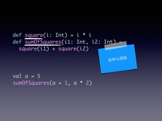val a = 5	
sumOfSquares(a + 1, a * 2)
def square(i: Int) = i * i 	
def sumOfSquares(i1: Int, i2: Int) =	
square(i1) + square(i2)	
v
 
