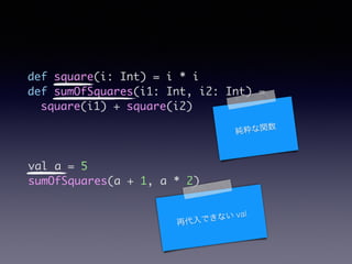 val a = 5	
sumOfSquares(a + 1, a * 2)
def square(i: Int) = i * i 	
def sumOfSquares(i1: Int, i2: Int) =	
square(i1) + square(i2)	
v
ٴǤʤ val
 