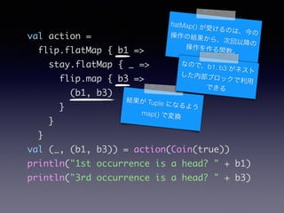 val action =	
flip.flatMap { b1 =>	
stay.flatMap { _ =>	
flip.map { b3 =>	
(b1, b3)	
}	
}	
}	
val (_, (b1, b3)) = action(Coin(true))	
println("1st occurrence is a head? " + b1)	
println("3rd occurrence is a head? " + b3)
Y Tuple ˤʤ褦
map() ǉQ
?atMap() ܤΤϡβνY顢λԽβv
ʤΤǡb1, b3 ͥ
ڲ֥å
Ǥ
 