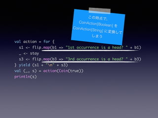 val action = for {	
s1 <- flip.map(b1 => "1st occurrence is a head? " + b1)	
_ <- stay	
s3 <- flip.map(b3 => "3rd occurrence is a head? " + b3)	
} yield (s1 + "n" + s3)	
val (_, s) = action(Coin(true))	
println(s)
Εrǡ
CoinAction[Boolean] 
CoinAction[String] ˉQ
ޤ
 