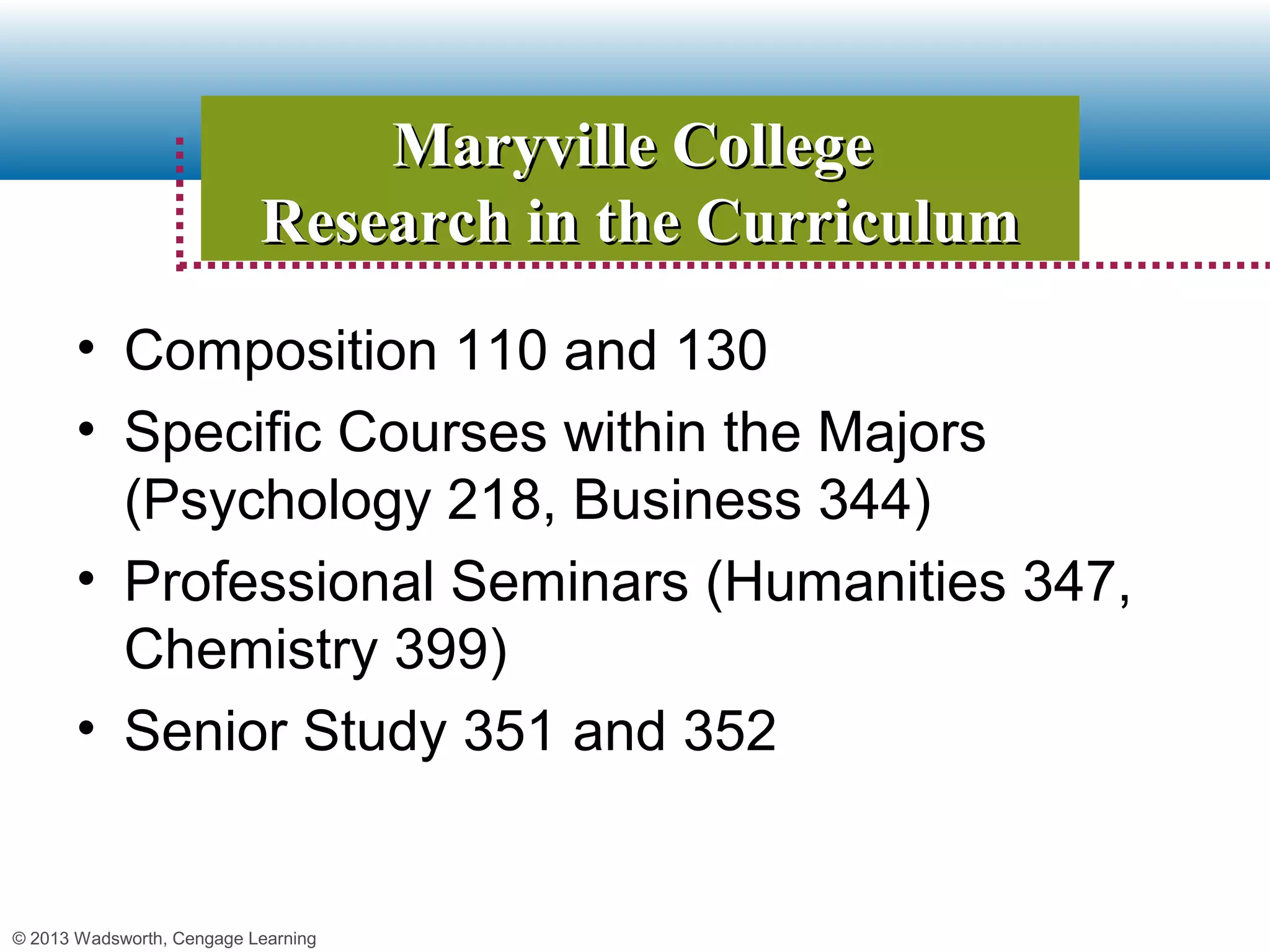 Maryville College
                           Research in the Curriculum
       • Composition 110 and 130
       • Specific Courses within the Majors
         (Psychology 218, Business 344)
       • Professional Seminars (Humanities 347,
         Chemistry 399)
       • Senior Study 351 and 352


© 2013 Wadsworth, Cengage Learning
 