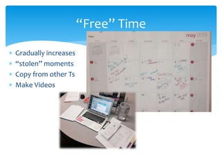  Gradually increases
 “stolen” moments
 Copy from other Ts
 Make Videos
“Free” Time
 