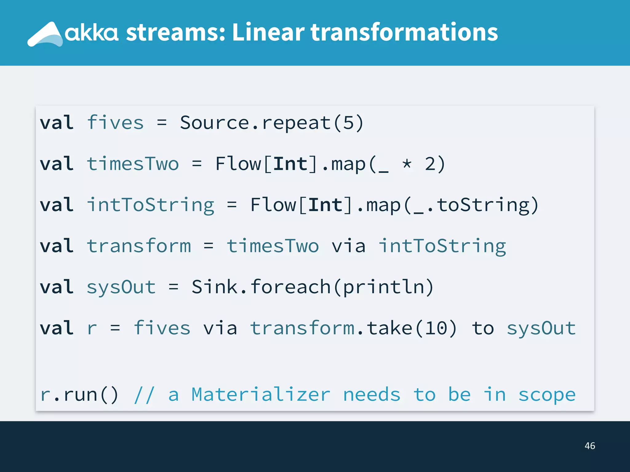 46
streams: Linear transformations
val fives = Source.repeat(5)
val timesTwo = Flow[Int].map(_ * 2)
val intToString = Flow[Int].map(_.toString)
val transform = timesTwo via intToString
val sysOut = Sink.foreach(println)
val r = fives via transform.take(10) to sysOut
 
r.run() // a Materializer needs to be in scope
 