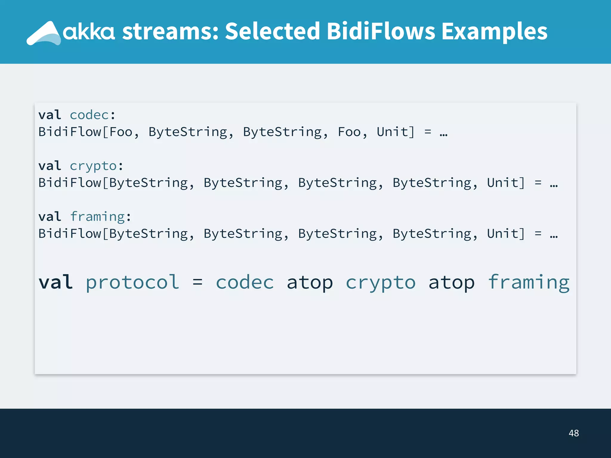 48
streams: Selected BidiFlows Examples
val codec:  
BidiFlow[Foo, ByteString, ByteString, Foo, Unit] = … 
 
val crypto: 
BidiFlow[ByteString, ByteString, ByteString, ByteString, Unit] = … 
 
val framing:  
BidiFlow[ByteString, ByteString, ByteString, ByteString, Unit] = … 
 
val protocol = codec atop crypto atop framing
 