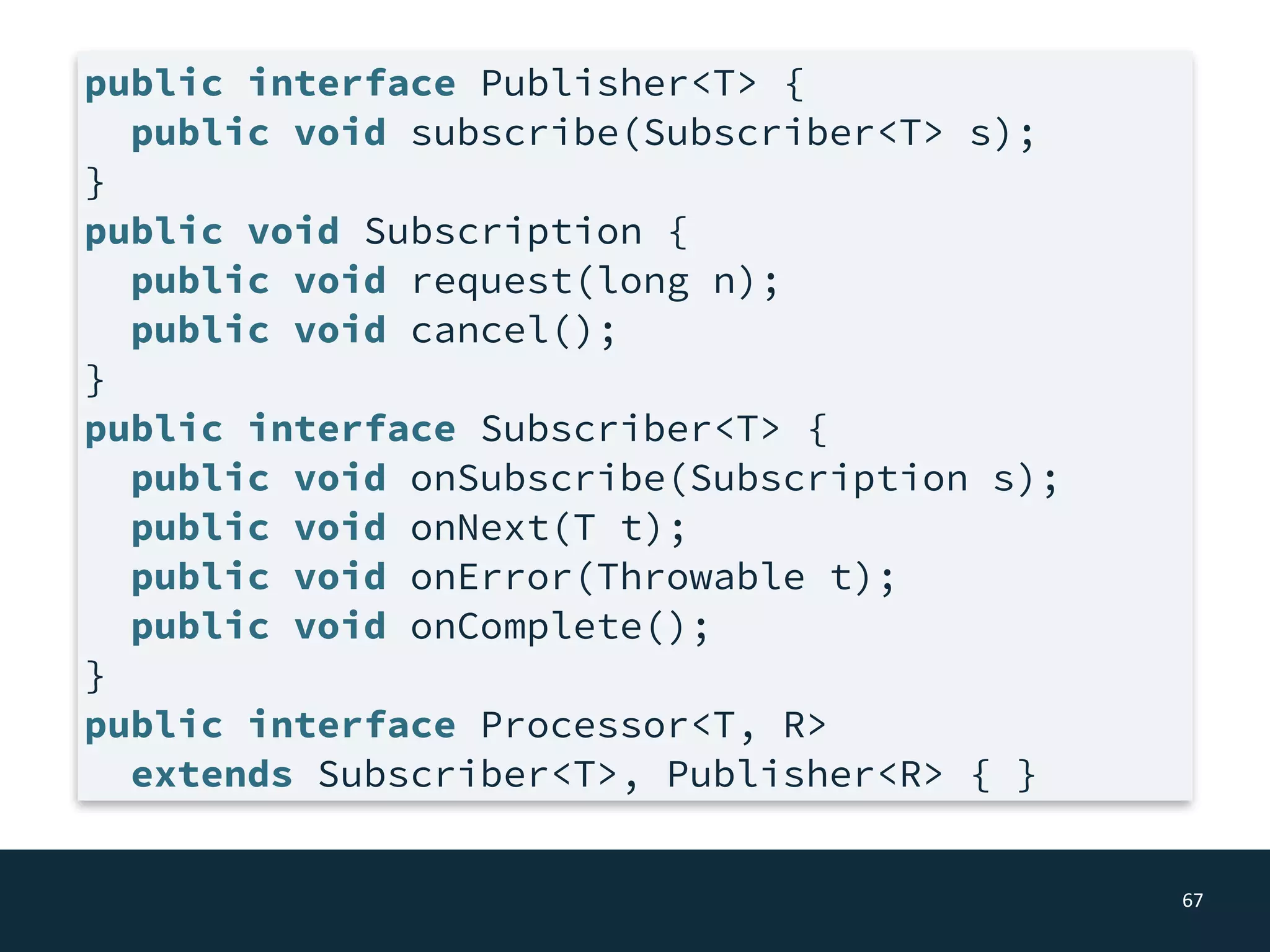 67
public interface Publisher<T> {
public void subscribe(Subscriber<T> s);
}
public void Subscription {
public void request(long n);
public void cancel();
}
public interface Subscriber<T> {
public void onSubscribe(Subscription s);
public void onNext(T t);
public void onError(Throwable t);
public void onComplete();
}
public interface Processor<T, R>
extends Subscriber<T>, Publisher<R> { }
 