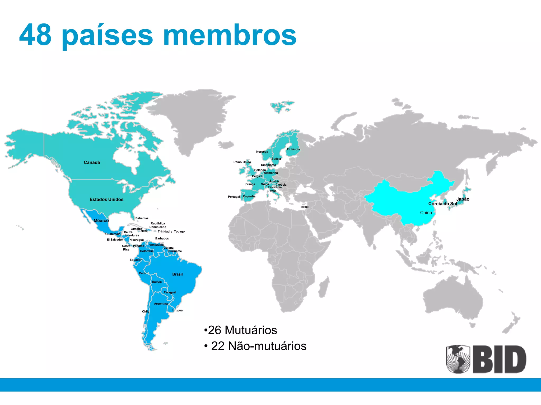 48 países membros


                                                                                                                        Finlândia
                                                                                                 Noruega

                                                                                                           Suécia
   Canadá                                                                      Reino Unido
                                                                                                   Dinamarca
                                                                                              Holanda
                                                                                                     Alemanha
                                                                                             Bélgica
                                                                                                         Áustria
                                                                                        França     Suíça      Croácia
                                                                                                       Eslovênia
                                                                                                         Itália
                                                                            Portugal   Espanha
     Estados Unidos                                                                                                                                         Japão
                                                                                                                                                Coreia do Sul
                                                                                                                                    Israel

                                                                                                                                             China
                               Bahamas
      México
                                               República
                                              Dominicana
                             Jamaica
                        Belize     Haiti           Trinidad e Tobago
            Guatemala    Honduras
            El Salvador     Nicarágua            Barbados

                        Costa Panamá   Venezuela
                                                Guiana
                        Rica
                                  Colômbia         Suriname

                            Equador



                                  Peru                        Brasil
                                               Bolívia


                                                         Paraguai


                                                Argentina

                                      Chile                   Uruguai




                                                                        •26 Mutuários
                                                                        • 22 Não-mutuários
 