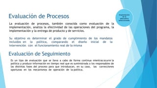 Evaluación de Procesos Implantación
de la
alternativa
seleccionada.
Evaluación de Seguimiento
Es un tipo de evaluación que se lleva a cabo de forma continua mientras ocurre la
política y produce información en tiempo real que es suministrada a los responsables de
las distintas fases del proceso para que introduzcan, en su caso, las correcciones
oportunas en los mecanismos de operación de la política.
La evaluación de procesos, también conocida como evaluación de la
implementación, analiza la efectividad de las operaciones del programa, la
implementación y la entrega de producto y de servicios.
Su objetivo es determinar el grado de cumplimiento de los mandatos
incluidos en la política, comparando el diseño inicial de la
intervención con el funcionamiento real de la misma
 