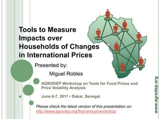 Tools to Measure
Impacts over
Households of Changes
in International Prices
    Presented by:
           Miguel Robles




                                                               www.agrodep.org
       AGRODEP Workshop on Tools for Food Prices and
       Price Volatility Analysis

       June 6-7, 2011 • Dakar, Senegal

    Please check the latest version of this presentation on:
    http://www.agrodep.org/first-annual-workshop
 