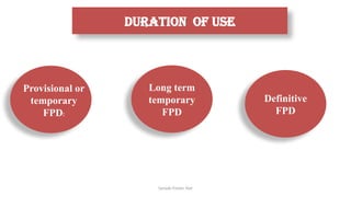 Sample Footer Text
Duration of use
Provisional or
temporary
FPD:
Long term
temporary
FPD
Definitive
FPD
 