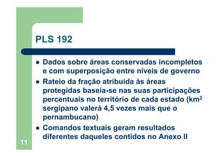 11
PLS 192
Dados sobre áreas conservadas incompletos
e com superposição entre níveis de governo
Rateio da fração atribuída...