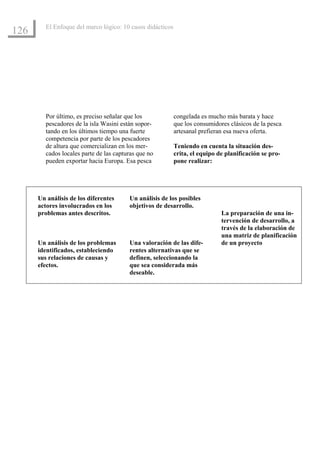 El Enfoque del marco lógico: 10 casos didácticos
126




         Por último, es preciso señalar que los             congelada es mucho más barata y hace
         pescadores de la isla Wasini están sopor-          que los consumidores clásicos de la pesca
         tando en los últimos tiempo una fuerte             artesanal prefieran esa nueva oferta.
         competencia por parte de los pescadores
         de altura que comercializan en los mer-            Teniendo en cuenta la situación des-
         cados locales parte de las capturas que no         crita, el equipo de planificación se pro-
         pueden exportar hacia Europa. Esa pesca            pone realizar:




      Un análisis de los diferentes      Un análisis de los posibles
      actores involucrados en los        objetivos de desarrollo.
      problemas antes descritos.                                              La preparación de una in-
                                                                              tervención de desarrollo, a
                                                                              través de la elaboración de
                                                                              una matriz de planificación
      Un análisis de los problemas       Una valoración de las dife-          de un proyecto
      identificados, estableciendo       rentes alternativas que se
      sus relaciones de causas y         definen, seleccionando la
      efectos.                           que sea considerada más
                                         deseable.
 