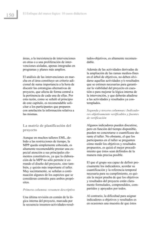 El Enfoque del marco lógico: 10 casos didácticos
150




      áreas, a la inexistencia de intervenciones         tados-objetivos, es altamente recomen-
      en otras o a una proliferación de inter-           dable.
      venciones aisladas, apenas integradas en
      programas y planes más amplios.                    Además de las actividades derivadas de
                                                         la ampliación de las ramas medios-fines
      El análisis de las intervenciones en mar-          en el árbol de objetivos, no deben olvi-
      cha en el área constituye un criterio adi-         darse aquellas actividades y/o resultados
      cional de suma importancia a la hora de            que se estimen necesarias para garanti-
      discutir las estrategias alternativas de           zar la viabilidad del proyecto en cues-
      proyecto, que afecta de forma central a            tión o para mejorar la lógica interna de
      la pertinencia de cada una de ellas. Por           la intervención, y que deberán añadirse
      esta razón, como se señaló al principio            a las actividades y resultados ya con-
      de este capítulo, es recomendable soli-            templados.
      citar a los participantes que preparen
      con antelación la información relativa a           Segunda y tercera columnas: Indicado-
      las mismas.                                        res objetivamente verificables y fuentes
                                                         de verificación

      La matriz de planificación del                     Algunos indicadores pueden discutirse,
      proyecto                                           pero en función del tiempo disponible,
                                                         pueden no concretarse o cuantificase du-
      Aunque en muchos talleres EML, de-                 rante el taller. No obstante, el que los
      bido a las restricciones de tiempo, la             participantes en el taller se pregunten
      MPP queda simplemente esbozada, es                 cómo medir los objetivos y resultados
      altamente recomendable prestar una es-             propuestos, es quizá el mejor procedi-
      pecial atención a sus principales ele-             miento que éstos sean definidos de la
      mentos constitutivos, ya que la elabora-           manera más precisa posible.
      ción de la MPP no sólo permite ir ce-
      rrando el diseño del proyecto, sino tam-           El que el grupo sea capaz de definir pre-
      bién, y quizás más importante el taller.           cisamente los indicadores, acordar su
      Muy sucintamente, se señalan a conti-              cuantificación y la referencia temporal
      nuación algunos de los aspectos que se             necesaria para su cumplimiento, es qui-
      consideran centrales para ambos propó-             zás la mejor prueba de que los objetivos
      sitos.                                             y resultados del proyecto están clara-
                                                         mente formulados, comprendidos, com-
      Primera columna: resumen descriptivo               partidos y apoyados por todos.

      Una última revisión en común de la ló-             Al contrario, la dificultad para asignar
      gica interna del proyecto, marcada por             indicadores a objetivos y resultados es
      la secuencia insumos-actividades-resul-            en ocasiones una muestra de que éstos
 