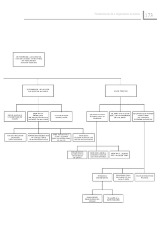Fortalecimiento de la Organización de Adultos
                                                                                                                                                   173




         DETERIORO DE LA CALIDAD DE
        VIDA DE LOS ADULTOS MAYORES
               SIN INGRESOS Y/O
              DE BAJOS INGRESOS




                   DETERIORO DE LA SALUD DE
                    LOS ADULTOS MAYORES                                                                            BAJOS INGRESOS




                          DEFICIENTES                                                   ESCASAS FUENTES         ESCASA CAPACITACIÓN    INEXISTENCIA DE FONDOS
DIFÍCIL ACCESO A          PROGRAMAS             ESTILOS DE VIDA                                                PARA LA RECONVERSIÓN          PARA CUBRIR
LOS SERVICIOS DE                                                                        ALTERNATIVAS DE
                     SOCIOSANITARIOS PARA        INADECUADOS                                                       OCUPACIONAL              NECESIDADES
     SALUD                                                                                 INGRESOS
                     LOS ADULTOS MAYORES                                                                                                 ECONÓMICAS BÁSICAS




                                               DÉBIL INFRAESTRUC-
ESCASEZ RECURSOS    FORMACIÓN INADECUADA                                    DEFICIENTE
                                                 TURA Y EQUIPOS
    HUMANOS            DE LOS RECURSOS                                 PLANIFICACIÓN DE LAS
                                              ESPECIALIZADOS PARA
 ESPECIALIZADOS      HUMANOS EXISTENTES                                POLÍTICAS SANITARIAS
                                                    LA SALUD




                                                                    INSUFICIENTES
                                                                                         MERCADO LABORAL       DEFICIENTE CALIDAD
                                                                    ALTERNATIVAS
                                                                                         CERRADO PARA LOS      DE LA MANO DE OBRA
                                                                     FINANCIERAS
                                                                                         ADULTOS MAYORES
                                                                       DE APOYO




                                                                                                 PENSIONES          INEQUIDAD EN LA       FALTA DE VOLUNTAD
                                                                                               INSUFICIENTES        DISTRIBUCIÓN DEL           POLÍTICA
                                                                                                                      PRESUPUESTO




                                                                                      INSUFICIENTE          TRABAJOS MAL
                                                                                    PRESUPUESTO DEL         REMUNERADOS
                                                                                         ESTADO
 