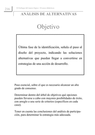 El Enfoque del marco lógico: 10 casos didácticos
216
            ANÁLISIS DE ALTERNATIVAS


                                 Objetivo


         Última fase de la identificación, señala el paso al
         diseño del proyecto, indicando las soluciones
         alternativas que puedan llegar a convertirse en
         estrategias de una acción de desarrollo.




      Paso esencial, sobre el que es necesario alcanzar un alto
      grado de consenso.

      Determinar dentro del árbol de objetivos qué opciones
      pueden llevarse a cabo con mayores posibilidades de éxito,
      con arreglo a una serie de criterios (específicos en cada
      caso).

      Tener en cuenta las conclusiones del análisis de participa-
      ción, para determinar la estrategia más adecuada.
 