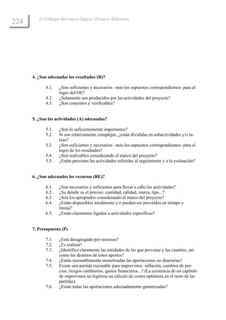 El Enfoque del marco lógico: 10 casos didácticos
224




      4. ¿Son adecuados los resultados (R)?

            4.1.   ¿Son suficientes y necesarios –más los supuestos correspondientes- para el
                   logro del OE?
            4.2.   ¿Solamente son producidos por las actividades del proyecto?
            4.3.   ¿Son concretos y verificables?


      5. ¿Son las actividades (A) adecuadas?

            5.1.   ¿Son lo suficientemente importantes?
            5.2.   Si son relativamente complejas, ¿están divididas en subactividades y/o ta-
                   reas?
            5.3.   ¿Son suficientes y necesarios –más los supuestos correspondientes- para el
                   logro de los resultados?
            5.4.   ¿Son realizables considerando el marco del proyecto?
            5.5.   ¿Están previstas las actividades referidas al seguimiento y a la evaluación?


      6. ¿Son adecuados los recursos (RE)?

            6.1.   ¿Son necesarios y suficientes para llevar a cabo las actividades?
            6.2.   ¿Su detalle es el preciso: cantidad, calidad, marca, tipo...?
            6.3.   ¿Son los apropiados considerando el marco del proyecto?
            6.4.   ¿Están disponibles localmente y/o pueden ser proveídos en tiempo y
                   forma?
            6.5.   ¿Están claramente ligados a actividades específicas?


      7. Presupuesto (P)

            7.1.   ¿Está desagregado por recursos?
            7.2.   ¿Es realista?
            7.3.   ¿Identifica claramente las entidades de las que proviene y las cuantías, así
                   como los destinos de estos aportes?
            7.4.   ¿Están razonablemente monetizadas las aportaciones no dinerarias?
            7.5.   Existe una partida razonable para imprevistos: inflación, cambios de pre-
                   cios, riesgos cambiarios, gastos financieros...? (La existencia de un capítulo
                   de imprevistos no legitima un cálculo de costes optimista en el resto de las
                   partidas).
            7.6.   ¿Están todas las aportaciones adecuadamente garantizadas?
 