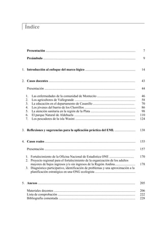 7

   Índice



     Presentación .............................................................................................................      7

     Preámbulo ................................................................................................................      9


1. Introducción al enfoque del marco lógico .............................................................                           14


2. Casos docentes .........................................................................................................         43

     Presentación ..............................................................................................................    44

    1.    Las enfermedades de la comunidad de Montecito ..............................................                              46
    2.    Los agricultores de Vallegrande ..........................................................................                58
    3.    La educación en el departamento de Casanillo ..................................................                           70
    4.    Los jóvenes del barrio de los Chorrillos ..............................................................                   86
    5.    La atención sanitaria en la región de la Plata ......................................................                     98
    6.    El parque Natural de Aldehuela ..........................................................................                110
    7.    Los pescadores de la isla Wasini .........................................................................               124


3. Reflexiones y sugerencias para la aplicación práctica del EML .........................                                         138


4. Casos reales ..............................................................................................................     155

     Presentación ..............................................................................................................   157

    1. Fortalecimiento de la Oficina Nacional de Estadística ONE ..............................                                    170
    2. Proyecto regional para el fortalecimiento de la organización de los adultos
       mayores de bajos ingresos y/o sin ingresos de la Región Andina.........................                                     178
    3. Diagnóstico participativo, identificación de problemas y una aproximación a la
       planificación estratégica en una ONG ecologista .................................................


5. Anexos ......................................................................................................................   205

     Materiales docentes ...................................................................................................       206
     Lista de comprobación ..............................................................................................          222
     Bibliografía comentada .............................................................................................          228
 