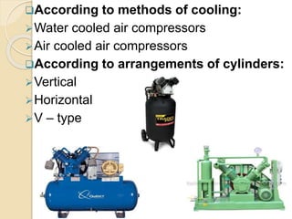 According to methods of cooling:
Water cooled air compressors
Air cooled air compressors
According to arrangements of cylinders:
Vertical
Horizontal
V – type
 
