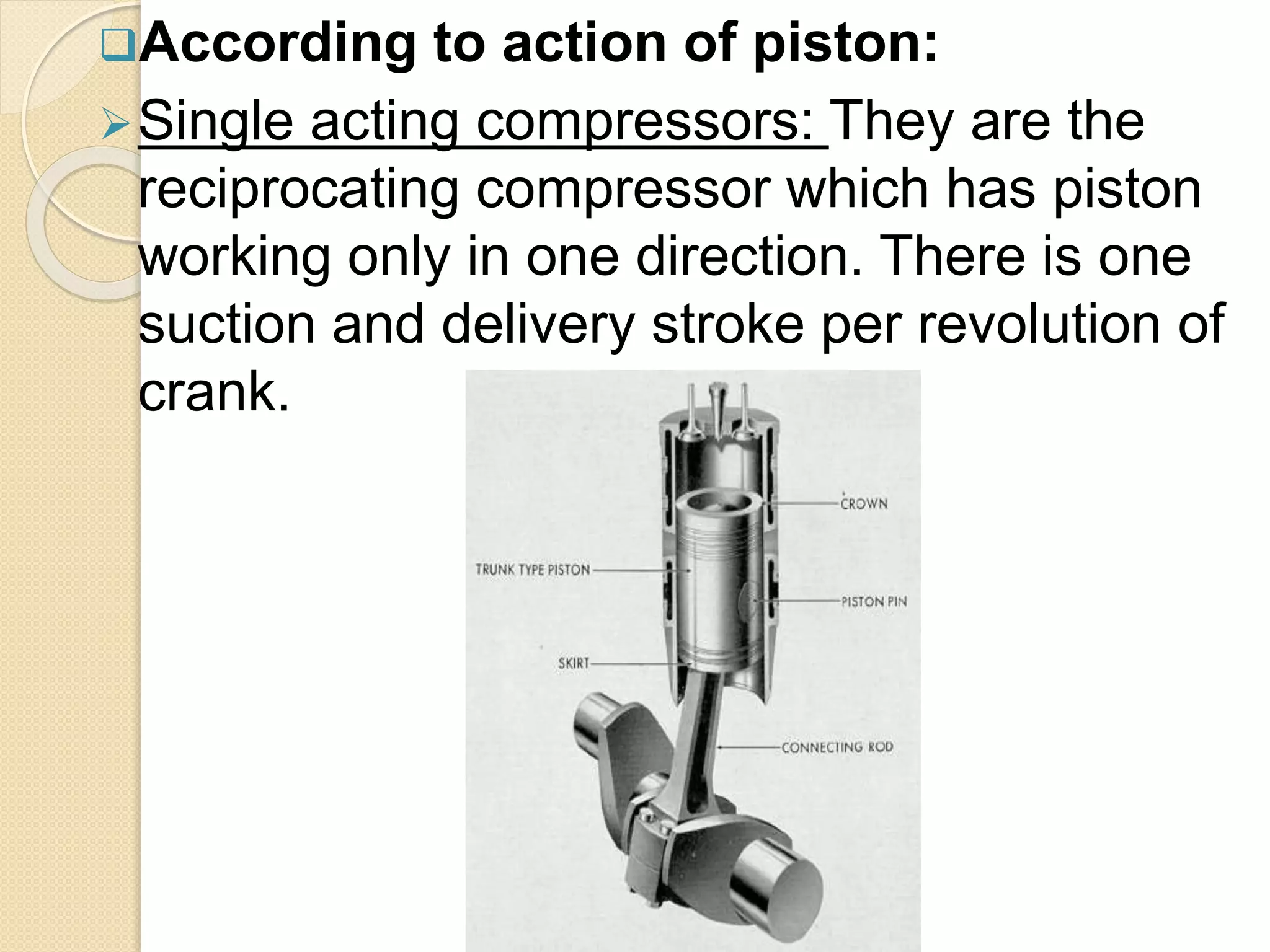 According to action of piston:
Single acting compressors: They are the
reciprocating compressor which has piston
working only in one direction. There is one
suction and delivery stroke per revolution of
crank.
 