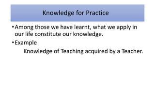 Knowledge for Practice
•Among those we have learnt, what we apply in
our life constitute our knowledge.
•Example
Knowledge of Teaching acquired by a Teacher.
 