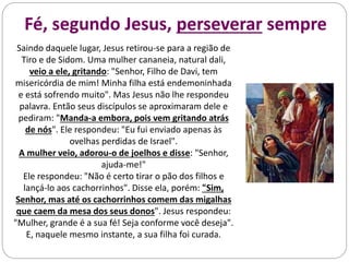 Fé, segundo Jesus, perseverar sempre
Saindo daquele lugar, Jesus retirou-se para a região de
Tiro e de Sidom. Uma mulher cananeia, natural dali,
veio a ele, gritando: "Senhor, Filho de Davi, tem
misericórdia de mim! Minha filha está endemoninhada
e está sofrendo muito". Mas Jesus não lhe respondeu
palavra. Então seus discípulos se aproximaram dele e
pediram: "Manda-a embora, pois vem gritando atrás
de nós". Ele respondeu: "Eu fui enviado apenas às
ovelhas perdidas de Israel".
A mulher veio, adorou-o de joelhos e disse: "Senhor,
ajuda-me!"
Ele respondeu: "Não é certo tirar o pão dos filhos e
lançá-lo aos cachorrinhos". Disse ela, porém: "Sim,
Senhor, mas até os cachorrinhos comem das migalhas
que caem da mesa dos seus donos". Jesus respondeu:
"Mulher, grande é a sua fé! Seja conforme você deseja".
E, naquele mesmo instante, a sua filha foi curada.
 