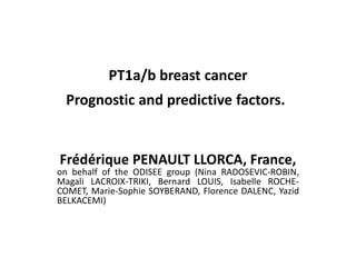 PT1a/b breast cancer
Prognostic and predictive factors.
Frédérique PENAULT LLORCA, France,
on behalf of the ODISEE group (Nina RADOSEVIC-ROBIN,
Magali LACROIX-TRIKI, Bernard LOUIS, Isabelle ROCHE-
COMET, Marie-Sophie SOYBERAND, Florence DALENC, Yazid
BELKACEMI)
 