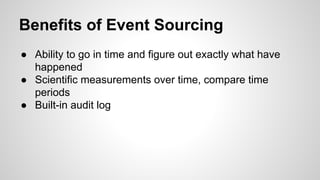 Benefits of Event Sourcing
● Ability to go in time and figure out exactly what have
happened
● Scientific measurements over time, compare time
periods
● Built-in audit log
 