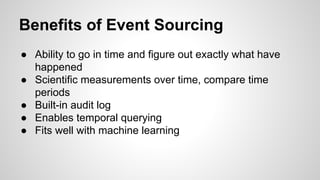 Benefits of Event Sourcing
● Ability to go in time and figure out exactly what have
happened
● Scientific measurements over time, compare time
periods
● Built-in audit log
● Enables temporal querying
● Fits well with machine learning
 
