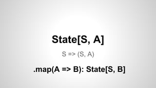 State[S, A]
S => (S, A)
.map(A => B): State[S, B]
 