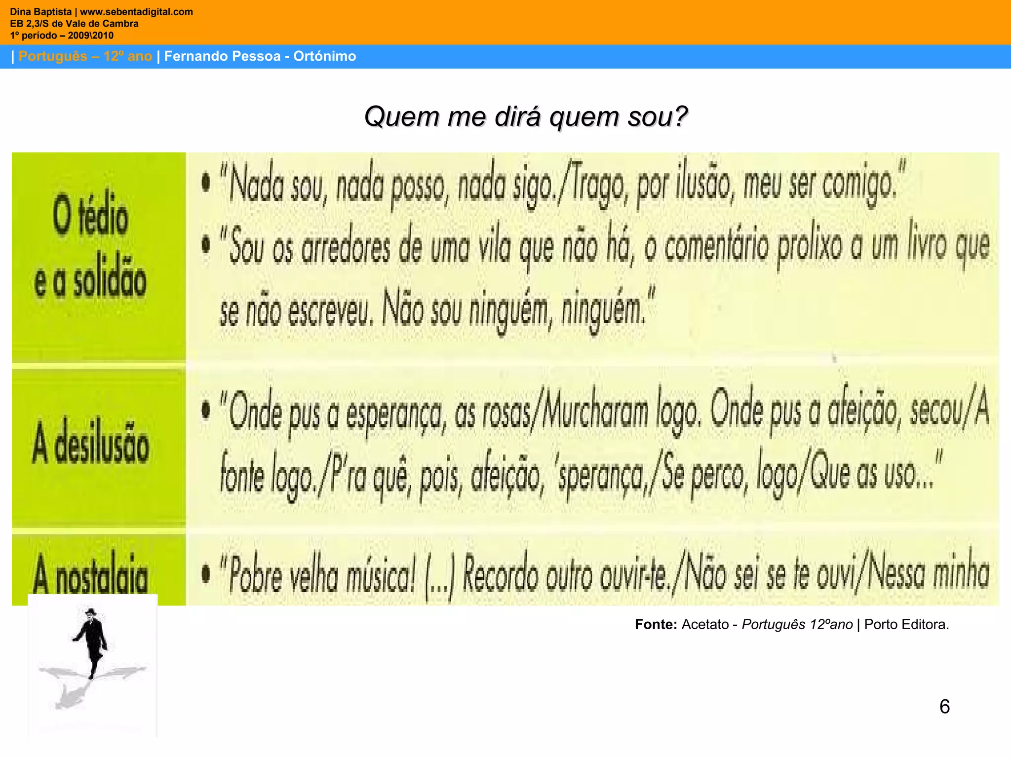 |  Português – 12º ano  | Fernando Pessoa - Ortónimo Dina Baptista | www.sebentadigital.com EB 2,3/S de Vale de Cambra 1º período – 2009\2010 Quem me dirá quem sou? Fonte:  Acetato -  Português 12ºano  | Porto Editora.  