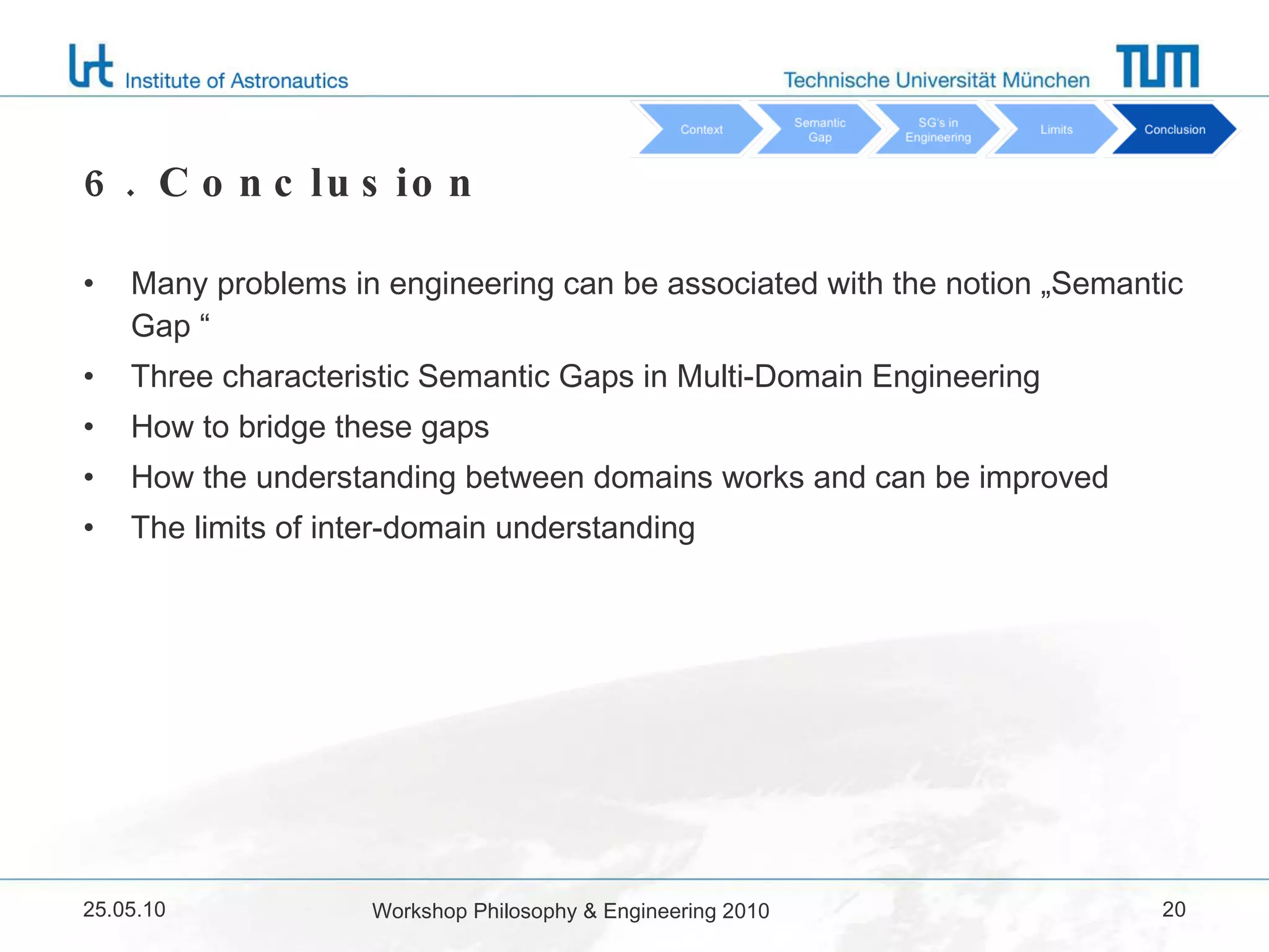 6. Conclusion Many problems in engineering can be associated with the notion „Semantic Gap “ Three characteristic Semantic Gaps in Multi-Domain Engineering  How to bridge these gaps How the understanding between domains works and can be improved The limits of inter-domain understanding 25.05.10 Workshop Philosophy & Engineering 2010 