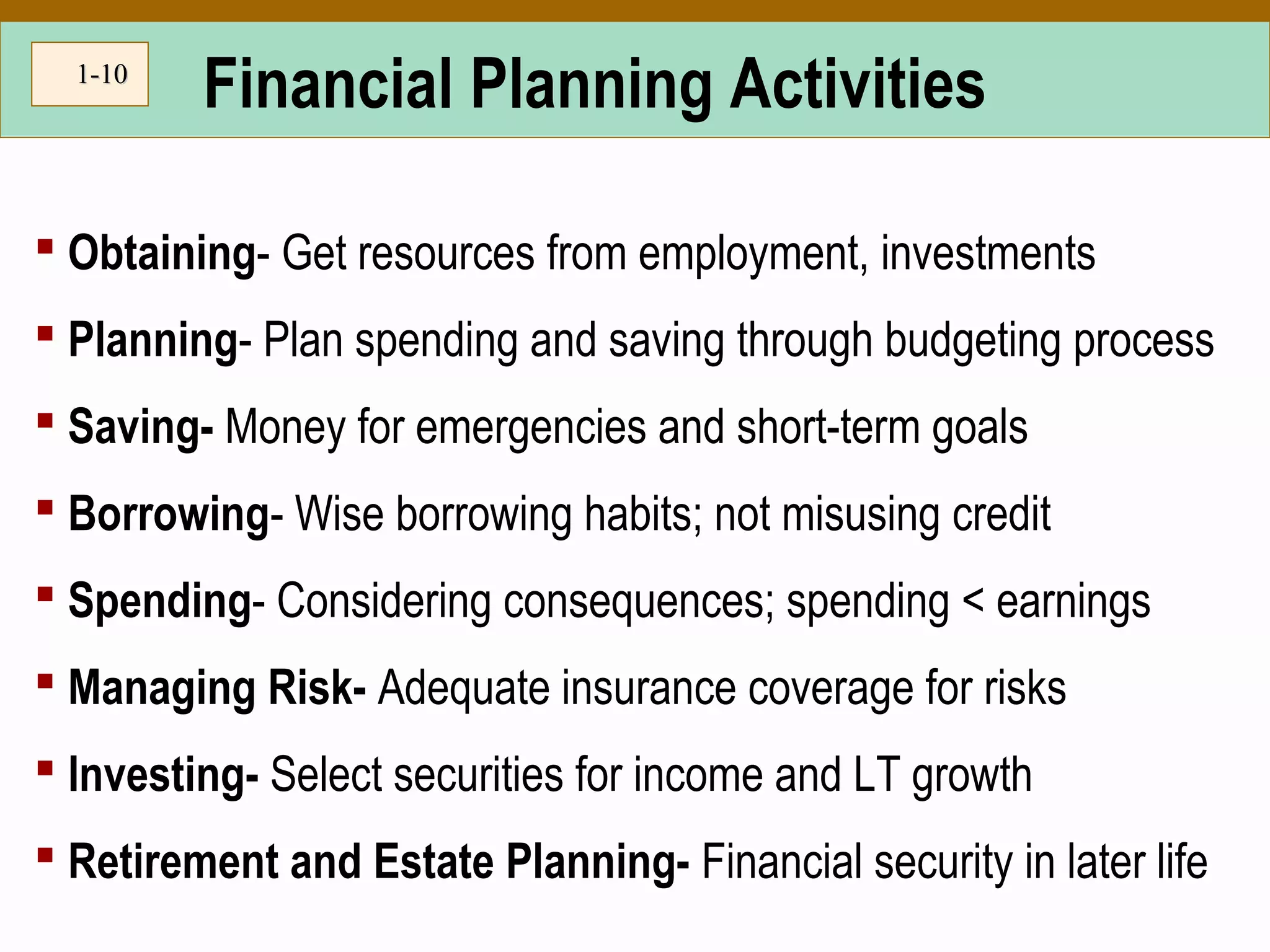 1-1-1010
Financial Planning Activities
 Obtaining- Get resources from employment, investments
 Planning- Plan spending and saving through budgeting process
 Saving- Money for emergencies and short-term goals
 Borrowing- Wise borrowing habits; not misusing credit
 Spending- Considering consequences; spending < earnings
 Managing Risk- Adequate insurance coverage for risks
 Investing- Select securities for income and LT growth
 Retirement and Estate Planning- Financial security in later life
 