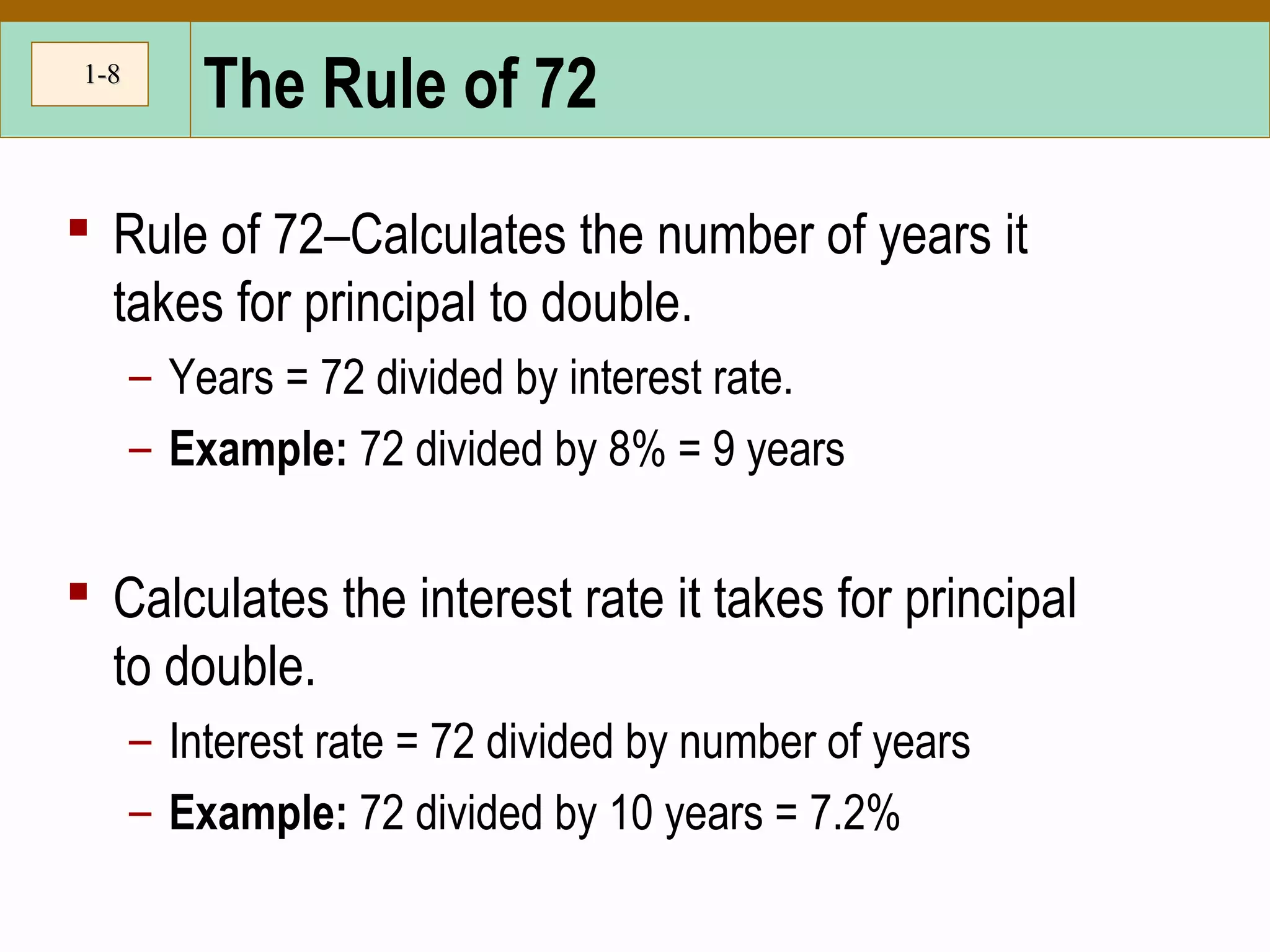 1-1-88
The Rule of 72
 Rule of 72–Calculates the number of years it
takes for principal to double.
– Years = 72 divided by interest rate.
– Example: 72 divided by 8% = 9 years
 Calculates the interest rate it takes for principal
to double.
– Interest rate = 72 divided by number of years
– Example: 72 divided by 10 years = 7.2%
 