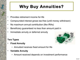Why Buy Annuities?
• Provides retirement income for life
• Compounded interest grows tax-free (until money withdrawn)
• No maximum annual contribution (like IRAs)
• Beneficiary guaranteed no less than amount paid in
• Immediate annuity or deferred annuity
Two Types
• Fixed Annuity
– Annuitant receives fixed amount for life
• Variable Annuity
– Amount received depends on investment performance
10-23
 