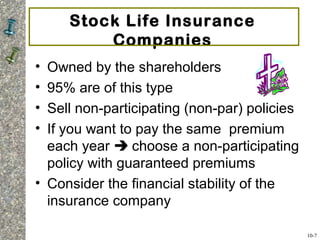 Stock Life Insurance
Companies
• Owned by the shareholders
• 95% are of this type
• Sell non-participating (non-par) policies
• If you want to pay the same premium
each year  choose a non-participating
policy with guaranteed premiums
• Consider the financial stability of the
insurance company
10-7
 
