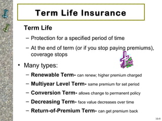 Term Life Insurance
Term Life
– Protection for a specified period of time
– At the end of term (or if you stop paying premiums),
coverage stops
• Many types:
– Renewable Term- can renew; higher premium charged
– Multiyear Level Term- same premium for set period
– Conversion Term- allows change to permanent policy
– Decreasing Term- face value decreases over time
– Return-of-Premium Term- can get premium back
10-9
 