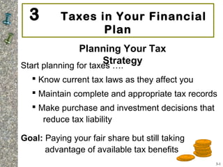 Start planning for taxes ….
 Know current tax laws as they affect you
 Maintain complete and appropriate tax records
 Make purchase and investment decisions that
reduce tax liability
Goal: Paying your fair share but still taking
advantage of available tax benefits
3 Taxes in Your Financial
Plan
Planning Your Tax
Strategy
3-1
 