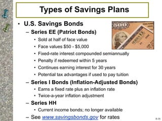 Types of Savings Plans
• U.S. Savings Bonds
– Series EE (Patriot Bonds)
• Sold at half of face value
• Face values $50 - $5,000
• Fixed-rate interest compounded semiannually
• Penalty if redeemed within 5 years
• Continues earning interest for 30 years
• Potential tax advantages if used to pay tuition
– Series I Bonds (Inflation-Adjusted Bonds)
• Earns a fixed rate plus an inflation rate
• Twice-a-year inflation adjustment
– Series HH
• Current income bonds; no longer available
– See www.savingsbonds.gov for rates 4-16
 