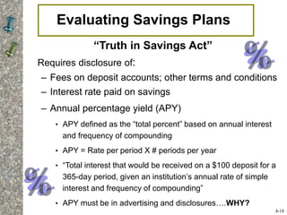 “Truth in Savings Act”
Requires disclosure of:
– Fees on deposit accounts; other terms and conditions
– Interest rate paid on savings
– Annual percentage yield (APY)
• APY defined as the “total percent” based on annual interest
and frequency of compounding
• APY = Rate per period X # periods per year
• “Total interest that would be received on a $100 deposit for a
365-day period, given an institution’s annual rate of simple
interest and frequency of compounding”
• APY must be in advertising and disclosures….WHY?
Evaluating Savings Plans
4-18
 