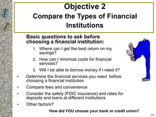 Objective 2
Compare the Types of Financial
Institutions
Basic questions to ask before
choosing a financial institution:
1. Where can I get the best return on my
savings?
2. How can I minimize costs for financial
services?
3. Will I be able to borrow money if I need it?
• Determine the financial services you need before
choosing a financial institution
• Compare fees and convenience
• Consider the safety (FDIC insurance) and rates for
deposits and loans at different institutions
• Other factors?
4-8
How did YOU choose your bank or credit union?
 
