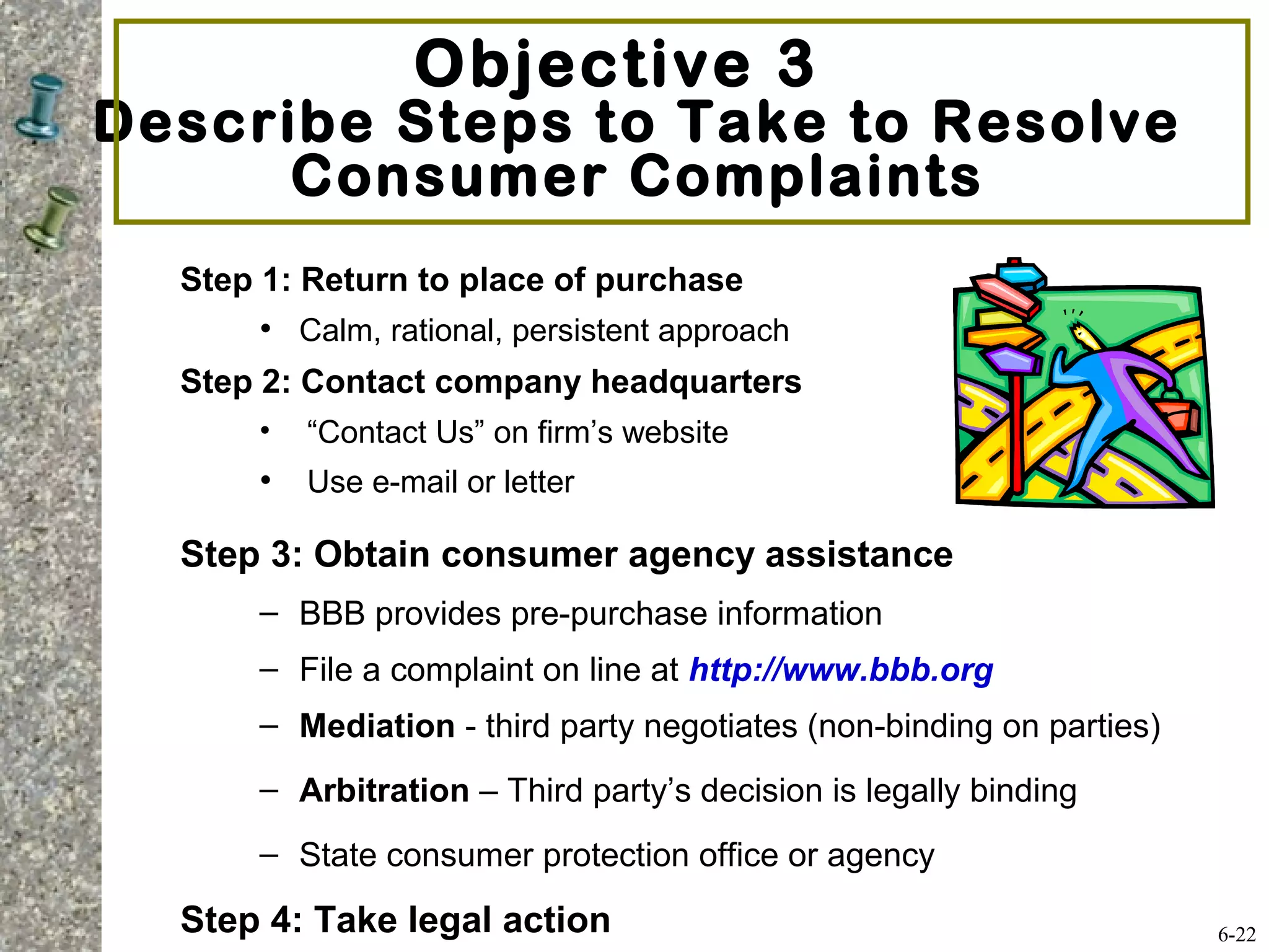 Objective 3
Describe Steps to Take to Resolve
Consumer Complaints
Step 1: Return to place of purchase
• Calm, rational, persistent approach
Step 2: Contact company headquarters
• “Contact Us” on firm’s website
• Use e-mail or letter
Step 3: Obtain consumer agency assistance
– BBB provides pre-purchase information
– File a complaint on line at http://www.bbb.org
– Mediation - third party negotiates (non-binding on parties)
– Arbitration – Third party’s decision is legally binding
– State consumer protection office or agency
Step 4: Take legal action 6-22
 