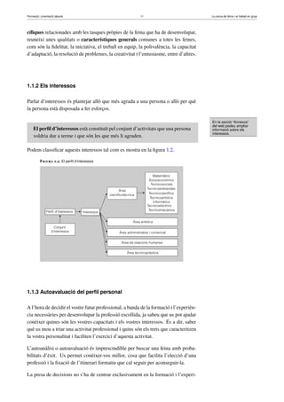 Formació i orientació laboral                             11                             La cerca de feina i el treball en grup




cíﬁques relacionades amb les tasques pròpies de la feina que ha de desenvolupar,
reuneixi unes qualitats o característiques generals comunes a totes les feines,
com són la ﬁdelitat, la iniciativa, el treball en equip, la polivalència, la capacitat
d’adaptació, la resolució de problemes, la creativitat i l’entusiasme, entre d’altres.




1.1.2 Els interessos

Parlar d’interessos és plantejar allò que més agrada a una persona o allò per què
la persona està disposada a fer esforços.

                                                                                         En la secció “Annexos”
                                                                                         del web podeu ampliar
     El perﬁl d’interessos està constituït pel conjunt d’activitats que una persona      informació sobre els
                                                                                         interessos.
     voldria dur a terme i que són les que més li agraden.

Podem classiﬁcar aquests interessos tal com es mostra en la ﬁgura 1.2.

          Figura 1.2. El perﬁl d’interessos




1.1.3 Autoavaluació del perﬁl personal

A l’hora de decidir el vostre futur professional, a banda de la formació i l’experièn-
cia necessàries per desenvolupar la professió escollida, ja sabeu que us pot ajudar
conèixer quines són les vostres capacitats i els vostres interessos. És a dir, saber
què us mou a triar una activitat professional i quins són els trets que caracteritzen
la vostra personalitat i faciliten l’exercici d’aquesta activitat.

L’autoanàlisi o autoavaluació és imprescindible per buscar una feina amb proba-
bilitats d’èxit. Us permet conèixer-vos millor, cosa que facilita l’elecció d’una
professió i la ﬁxació de l’itinerari formatiu que cal seguir per aconseguir-la.

La presa de decisions no s’ha de centrar exclusivament en la formació i l’experi-
 