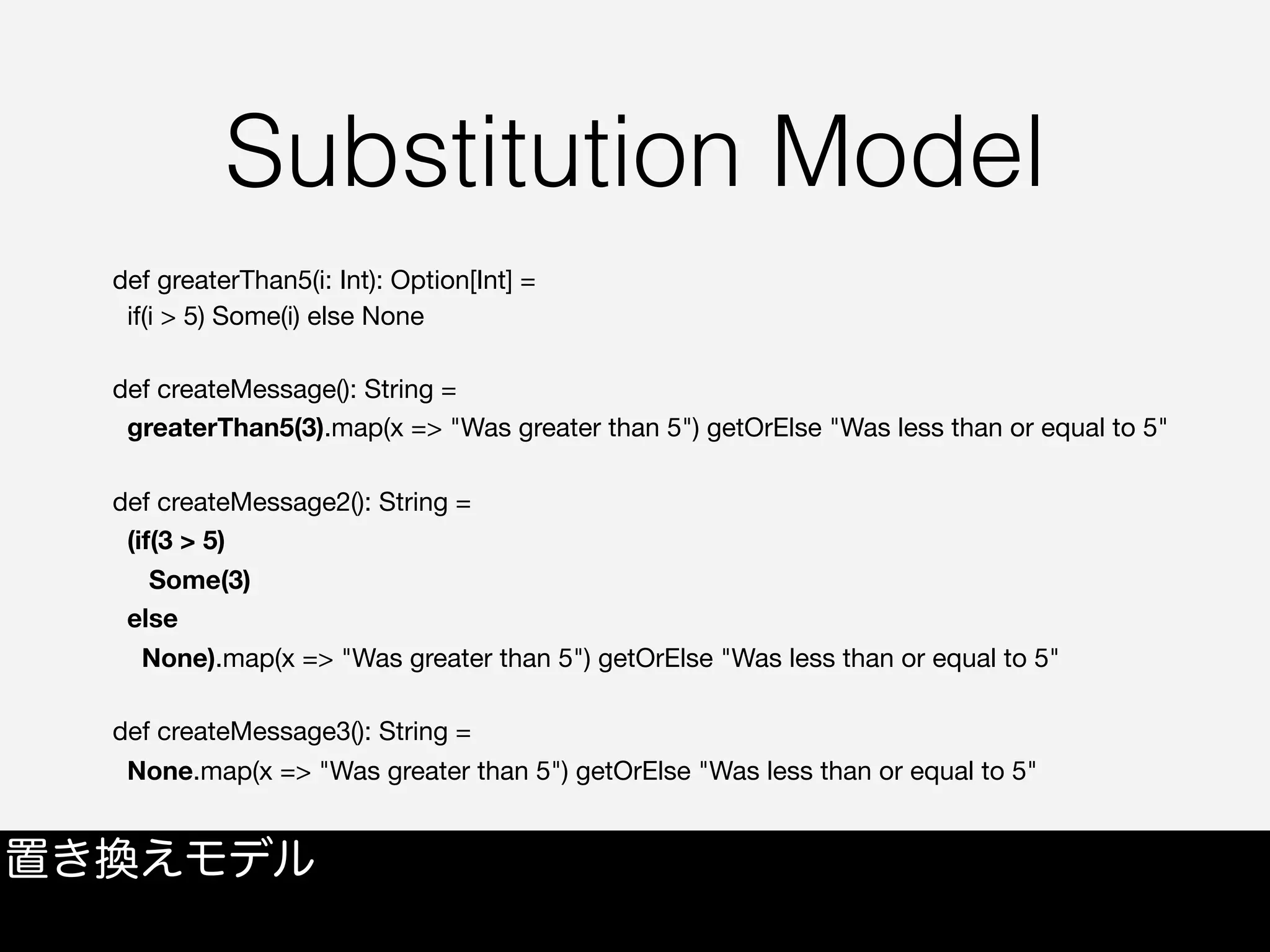 Substitution Model
def greaterThan5(i: Int): Option[Int] = 

if(i > 5) Some(i) else None



def createMessage(): String =

greaterThan5(3).map(x => "Was greater than 5") getOrElse "Was less than or equal to 5"

def createMessage2(): String =

(if(3 > 5)
Some(3)
else
None).map(x => "Was greater than 5") getOrElse "Was less than or equal to 5"

def createMessage3(): String =

None.map(x => "Was greater than 5") getOrElse "Was less than or equal to 5"

置き換えモデル
 