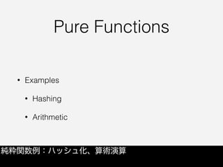 Pure Functions
• Examples
• Hashing
• Arithmetic
純粋関数例：ハッシュ化、算術演算
 