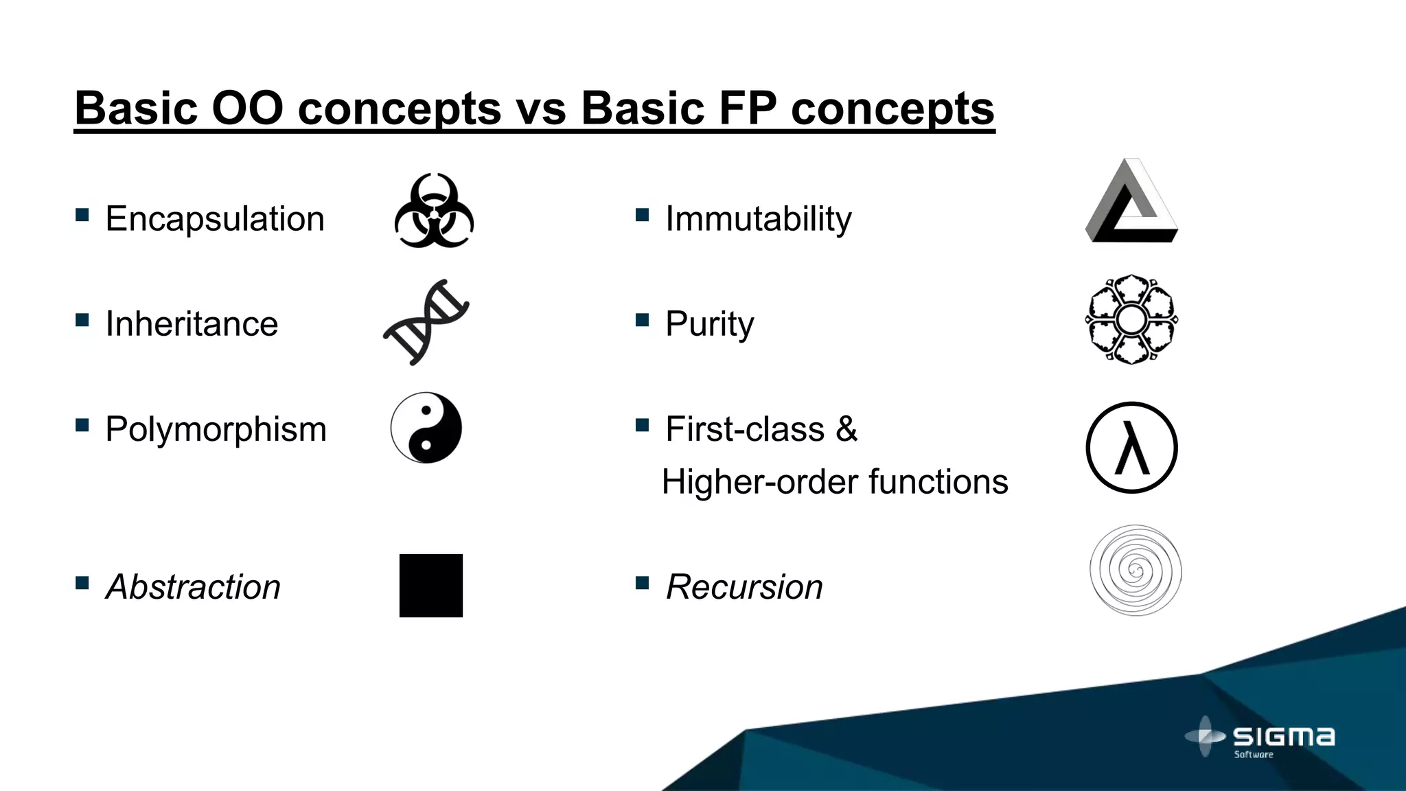 Basic OO concepts vs Basic FP concepts
 Encapsulation
 Inheritance
 Polymorphism
 Abstraction
 Immutability
 Purity
 First-class &
Higher-order functions
 Recursion
 