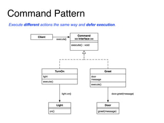 Command Pattern
Execute different actions the same way and defer execution.
 