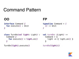 Command Pattern
OO FP
interface Command {
fun execute() : Unit
}
class TurnOn(val light: Light) : 
Command {
fun execute() = light.on()
}
TurnOn(light).execute()
typealias Command = (
() -> Unit
)
 
val turnOn: (Light) -> 
Command = {
light -> { light.on() }
}
turnOn(light)()
 