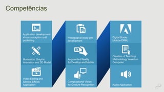 Competências 
Application development 
since conception until 
publishing 
Pedagogical study and 
development 
Digital Books 
(Adobe DRM) 
Illustration, Graphic 
Animation and 3D Model 
Augmented Reality 
for Desktop and Mobile 
Creation of Teaching 
Methodology based on 
Computer 
Video Editing and 
Special Effects 
Application 
Computational Vision 
for Gesture Recognition Audio Application 
 