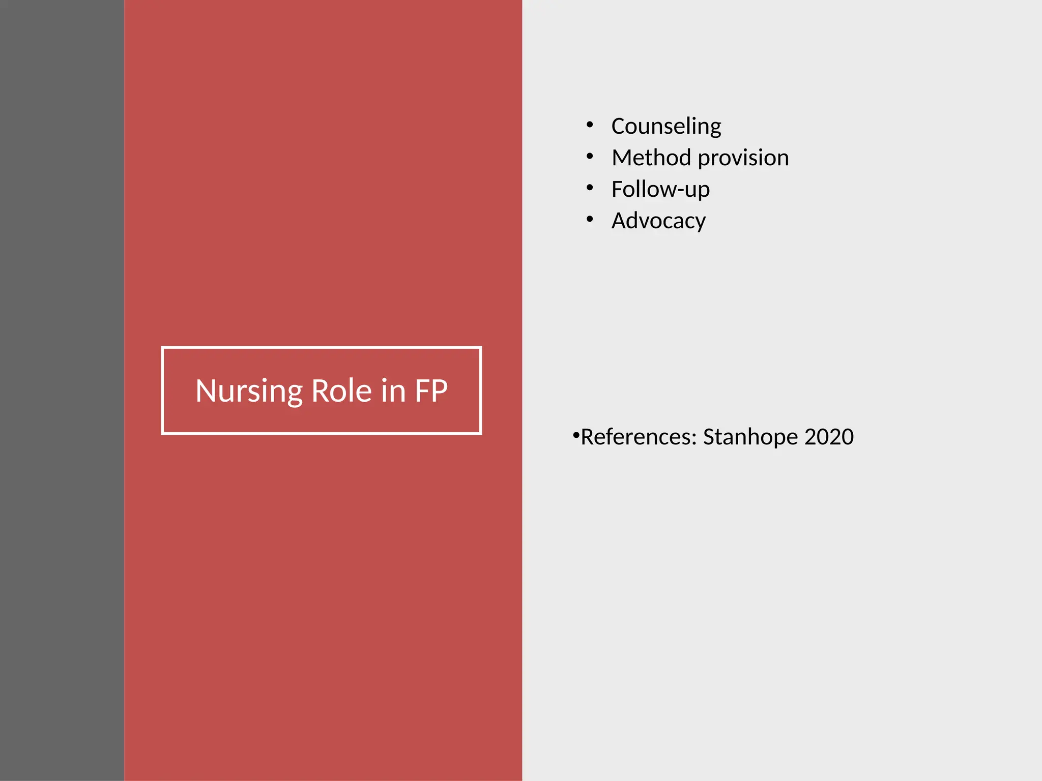 Nursing Role in FP
• Counseling
• Method provision
• Follow-up
• Advocacy
•References: Stanhope 2020
 