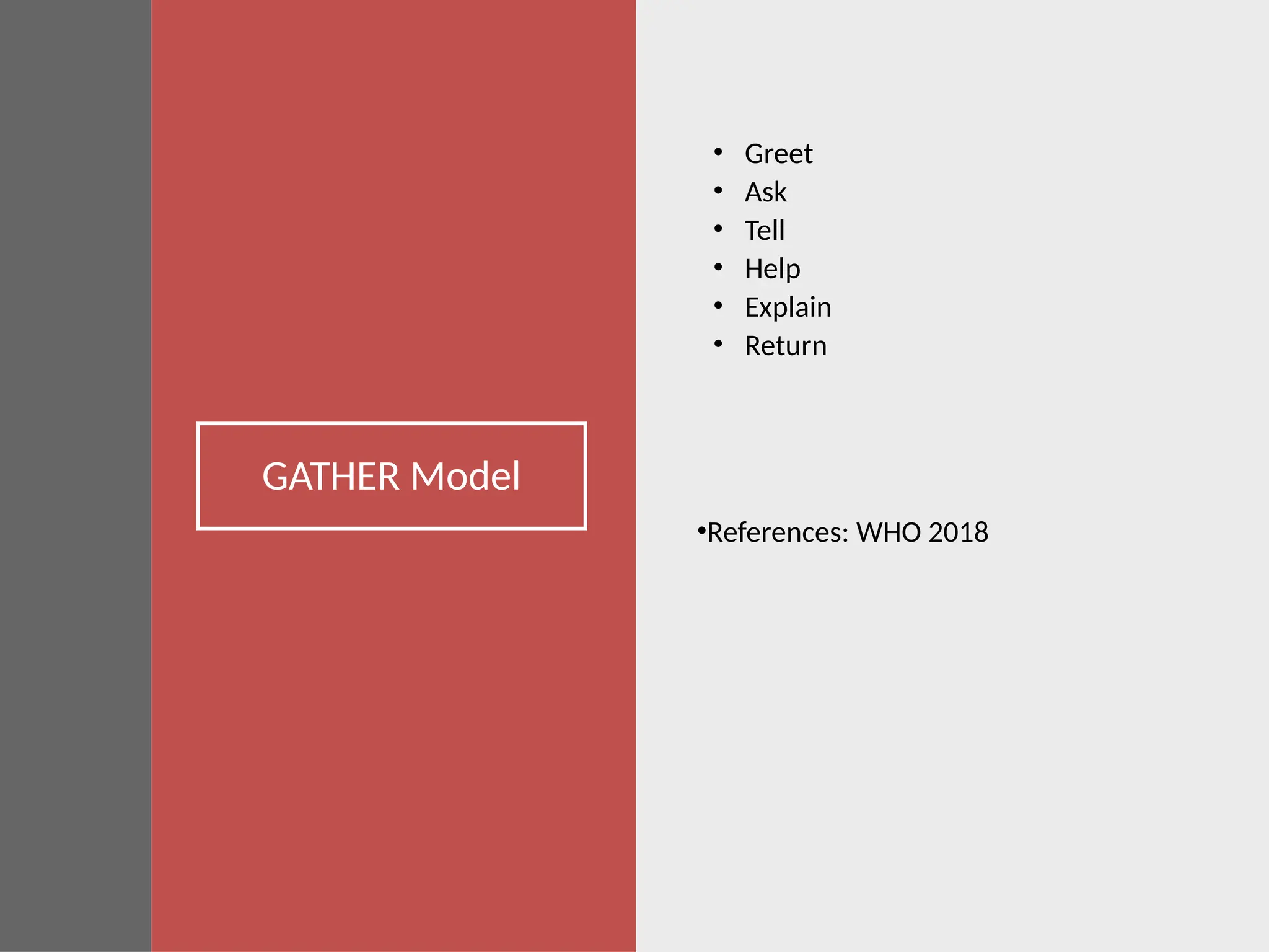 GATHER Model
• Greet
• Ask
• Tell
• Help
• Explain
• Return
•References: WHO 2018
 